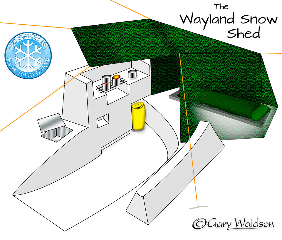 The Wayland Snow Shed - A hybrid tarp and snow constructed shelter.  - Ice Raven - Sub Zero Adventure - Copyright Gary Waidson, All rights reserved.