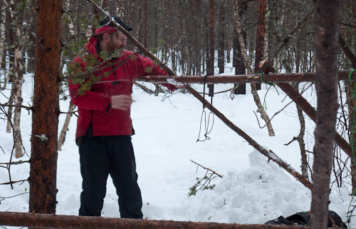 Bob building his shelter - Ice Raven - Sub Zero Adventure - Copyright Gary Waidson, All rights reserved.