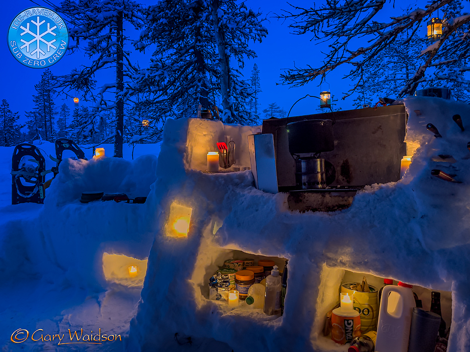 Snow Kitchen lit up at night - Ice Raven - Sub Zero Adventure - Copyright Gary Waidson, All rights reserved.