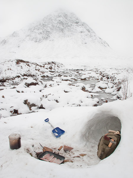 A fry up in the snow by my quinzhee - Ice Raven - Sub Zero Adventure - Copyright Gary Waidson, All rights reserved.