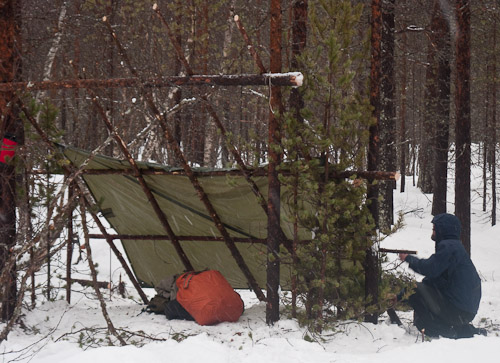 Ted building his shelter - Ice Raven - Sub Zero Adventure - Copyright Gary Waidson, All rights reserved.